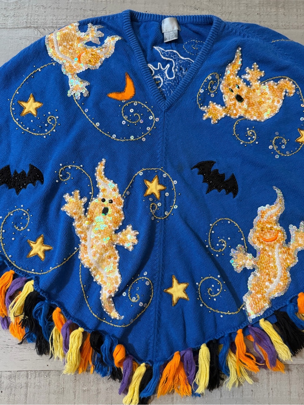 Berek Rare Vintage Blue Sequin Ghosts,Bats Halloween Poncho Fringe L/XL GUC